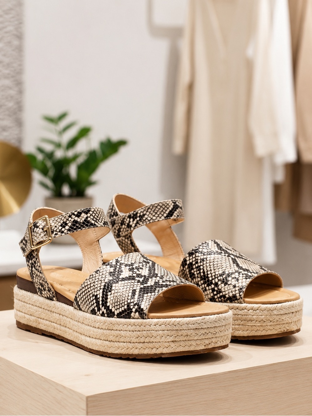 Bella Marie Womens Snake-Print Platform Espadrille Sandals - Neutral